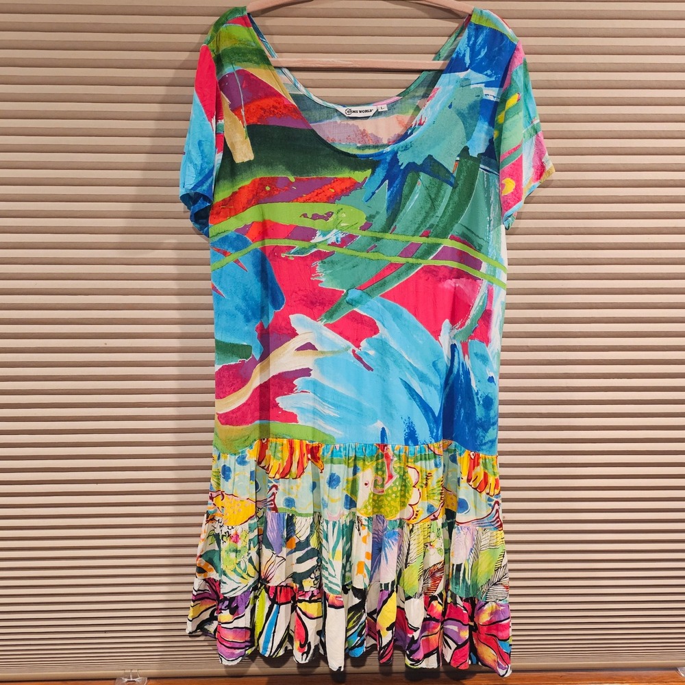 Jams World Fire Garden Rayon Dress Womens Large Abstract Floral Tiered Hawaii L